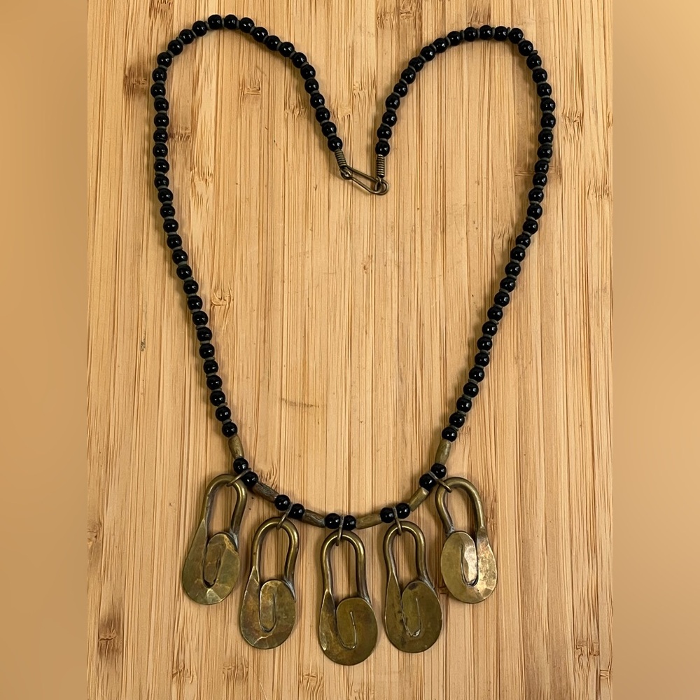 VTG 1960s-1970s Artisan Brutalist Brass Swirls Black Glass Beaded Necklace
